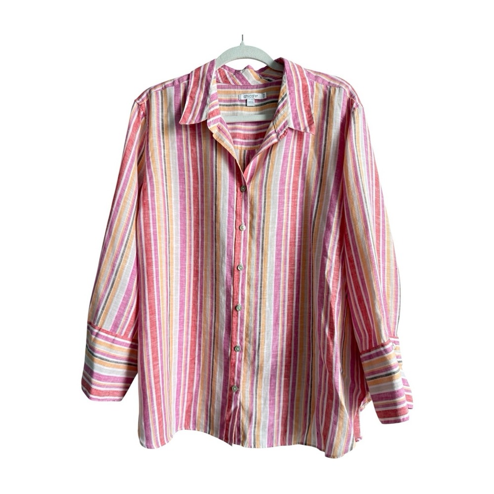 Chico's Linen Stripe Blouse Coastal Beachy Lightweight Button Front Sz 3.5 US 18